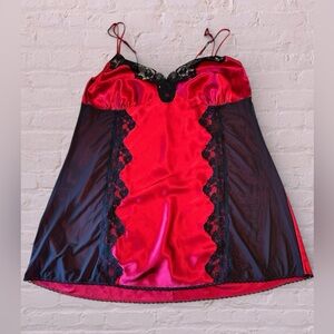 Cacique Red Satin Chemise with Black Lace Panels